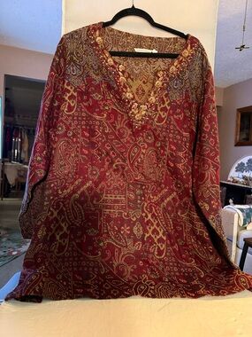 Soft Surroundings Burgundy Paisley Embellished V-Neck Tunic